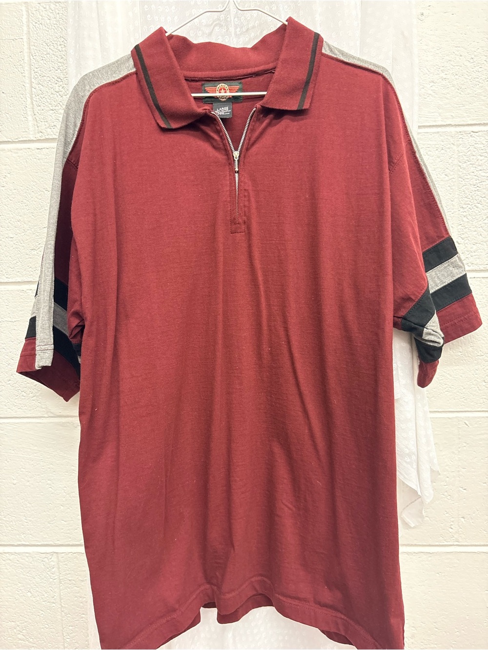 Men's Burgundy Half-Zip Polo with Contrast Shoulder Stripes